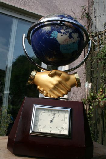 Vintage  Stone  global shape turnable 3 sides with clock, thermometer and hydrometer H 21"