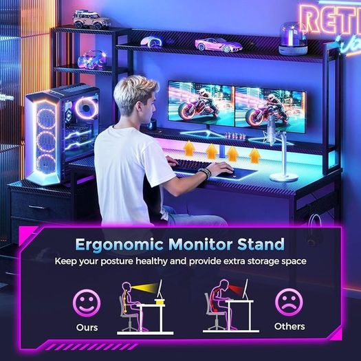 Gaming Desk with Drawers & Display Shelves, 138/48 cm Computer Desk with LED Lights & Sockets, Reversible PC Gaming Table with Monitor Stand, Carbon Fiber Black