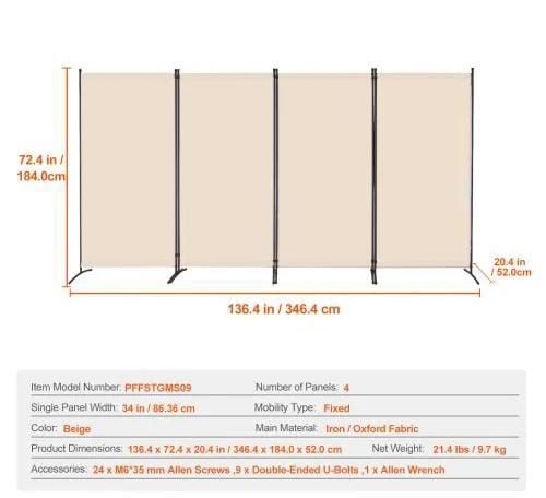 Room Divider, 4 Panels Room Divider, Folding Privacy Screen and Portable Partition Divider for Room Separation, Freestanding Room Partitions for Office, Bedroom, Study, Beige