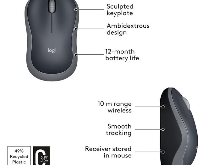 M185 Wireless Mouse, 2.4GHz with USB Mini Receiver, 12-Month Battery Life, 1000 DPI Optical Tracking, Ambidextrous, Compatible with PC, Mac, Laptop