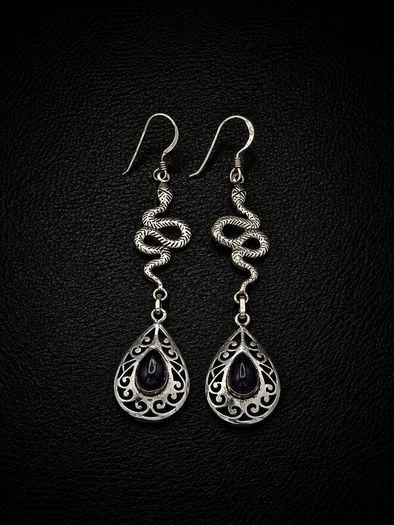 Vintage 925 Sterling Silver & Colour Changing Amethyst Witchy Gothic Snake Earrings