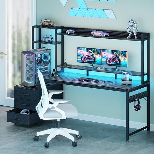 Gaming Desk with Drawers & Display Shelves, 138/48 cm Computer Desk with LED Lights & Sockets, Reversible PC Gaming Table with Monitor Stand, Carbon Fiber Black