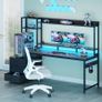 Gaming Desk with Drawers & Display Shelves, 138/48 cm Computer Desk with LED Lights & Sockets, Reversible PC Gaming Table with Monitor Stand, Carbon Fiber Black Image 8