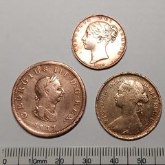 3 English Coin Lot.  Farthing;  Half Penny; Penny.