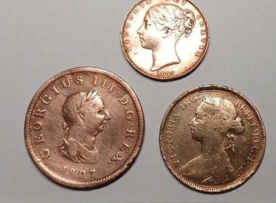 3 English Coin Lot.  Farthing;  Half Penny; Penny.