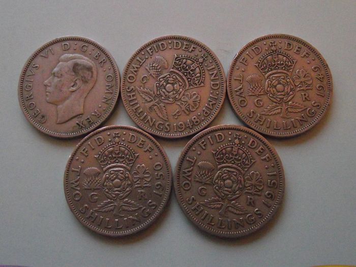 Great Britain. George VI. 5 Florins. Run of the years (1947-1951)