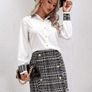 skirt & shirt set Trends Contrast Panel Blouse & Double Breasted  Twee d Skirt set, elegant shirt and skirt xs /S Image 3