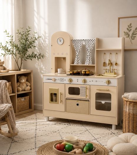 Wooden Kids Play Kitchen with Lights and Sounds Cream
