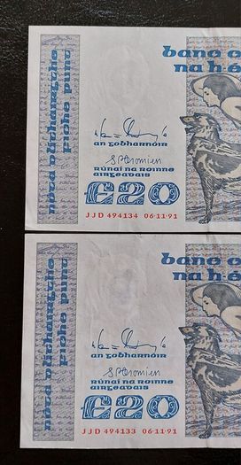 1991 Central Bank of Ireland 20 Pound Notes in Sequence