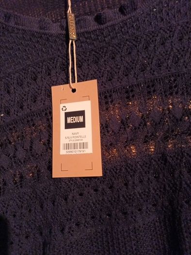 Gallery  Navy Pointelle Short Sleeved  jumper. S M-12/14.   B.N.W.T.