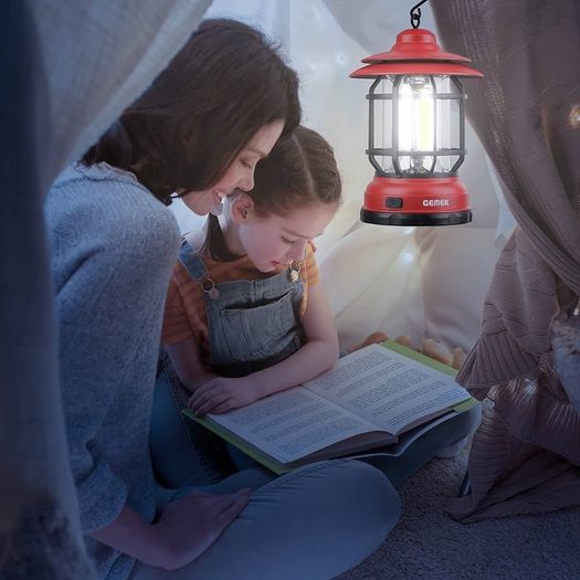 Portable Retro Camping Lantern, Hanging Dimmable COB Brightness Tent Light for Camping, Party, Night Fishing, Hiking, Home Lighting, Outages Emergency (AA Battery Powered, Red)