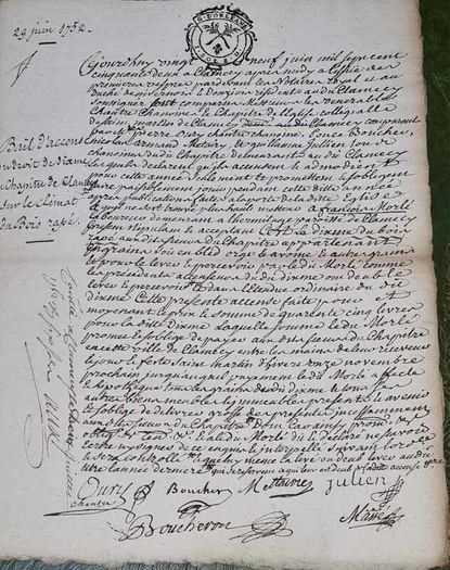 1752 Notarial Agreement: Tithe Lease of Clamecy Bail d'Accense.Signed Antique Document