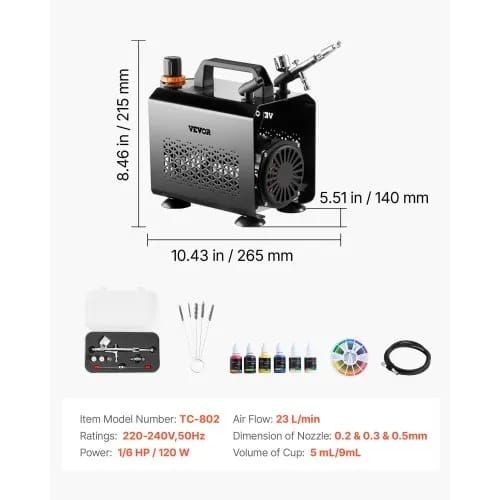 Airbrush Kit, 1/6 HP, Air Brush Kit with Air Compressor, 1 Dual-Action Professional Airbrush with 3 Tips, Hose, Acrylic Paint, Brush, Low Noise, for Cake Decorating, Model Painting, Nail Art