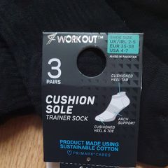 New - Size 35-38 UK shoe size 2/5 - Three Pairs of Black Cushion Sole Trainer Socks - #
