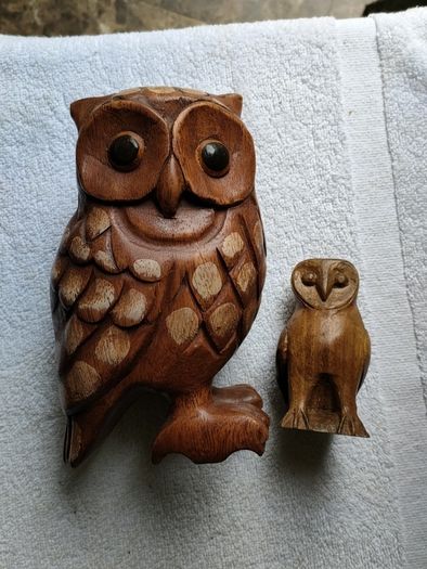 Hardwood carved Tawny owls