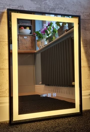 LED Bathroom Mirror Antifog Black Frame Clock