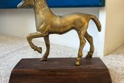 Vintage Brass Horse on a Wooden Base