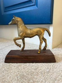 Vintage Brass Horse on a Wooden Base