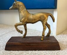 Vintage Brass Horse on a Wooden Base