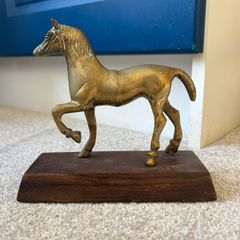 Vintage Brass Horse on a Wooden Base