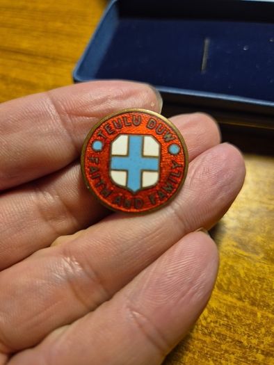 Antique Edwardian Welsh "Teulu Duw Faith & Family" blue cross enamel badge.