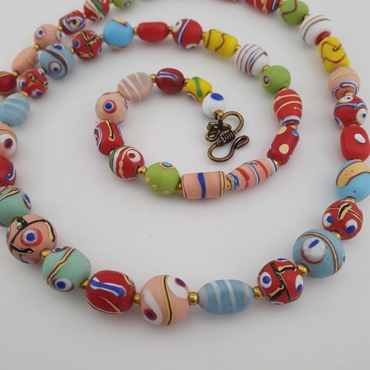 Antique Mix Venetian Style MultiColor Eyes Glass Beads Necklace
