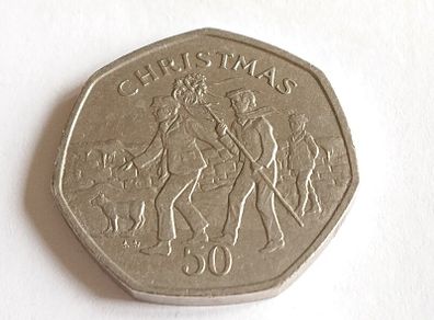 1994 Isle of Man - Christmas 50 Pence Coin - AA - Hunting Wren