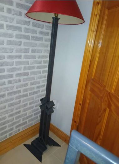 Table, 6 chairs, 2 candle sticks, floor lamp & shelving unit