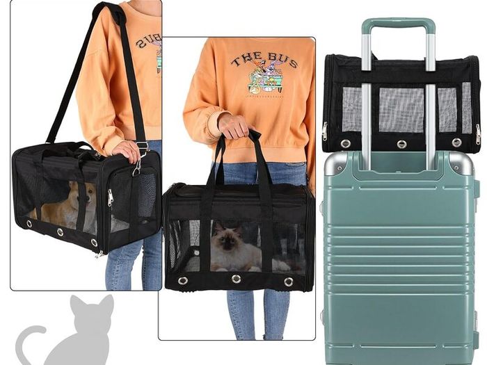 Cat Carrier - Airline Approved, Top Opening Portable Dog Bag with Breathable Mesh/Removable Mat, Adjustable Shoulder Strap & Bowl, Foldable Travel Cage, M, Grey (Max 7kg)