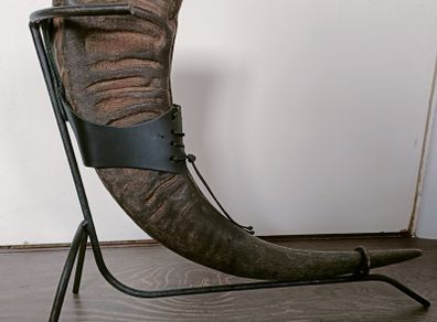 Large Viking Drinking horn with metal stand and leather belt holder