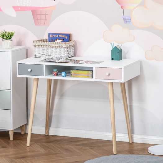 Kids Wooden Study Table Writing Desk with Drawer Ergonomic 39 x 19 x 30 White and Pink