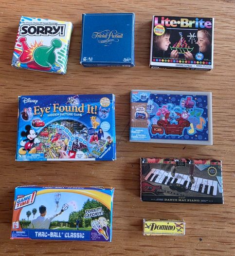 Dolls house - boardgames and boxed toys.. incl Miccro toys and mini brands