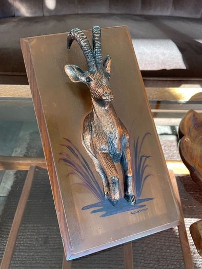 Rare Vintage Rhobard Rhonya Rhodesia Teak and Copper Sable Antelope Mounted Plaque