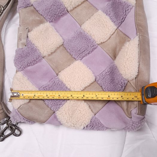 FredsBruder Lilac Purple Taupe Woven Patchwork Shearling Grain Leather Crossbody Bag