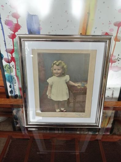 Large Vintage Framed Tinted Photo Portrait of a Young Girl