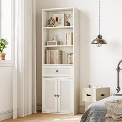 5-Tier Bookcase with Doors and Cabinet, Bookshelf Floor Standing Display Storage Shelf, Tall Bookcase with drawers for Home, Office, Living Room