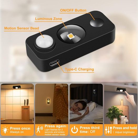 LED Motion Sensor Lights Indoor, Rechargeable Cupboard Lights with 3 Modes, Stick-On Dimmable Wireless USB Wardrobe Light for Drawer, Shelf, Stairs, Hallway, Under Cabinets, Warm White(4 Pack) [Energy Class A+]