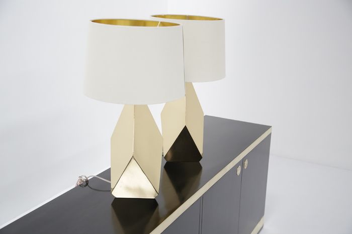 Pair of Modern Brass Origami Mid-century Style Table Lamps, USA
