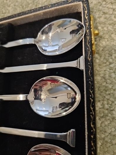 Rare Antique Cased Set of 6 Solid Sterling Silver Coffee Spoons. British Hallmarks Multi-Assay Set which Includes Closed Chester and Glasgow Marks