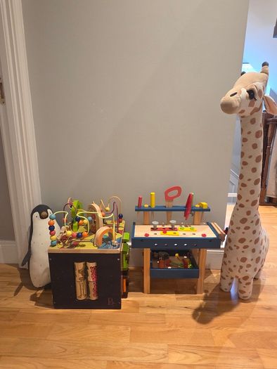 B. Toys Wooden Activity Cube, Wooden Workbench & Soft toys