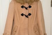 Miss Selfridge Petite Women's Beige Coat with Faux Fur Hood - size UK 6