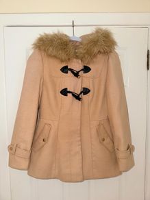Miss Selfridge Petite Women's Beige Coat with Faux Fur Hood - size UK 6
