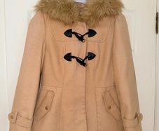 Miss Selfridge Petite Women's Beige Coat with Faux Fur Hood - size UK 6
