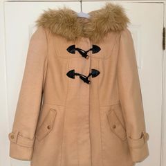 Miss Selfridge Petite Women's Beige Coat with Faux Fur Hood - size UK 6