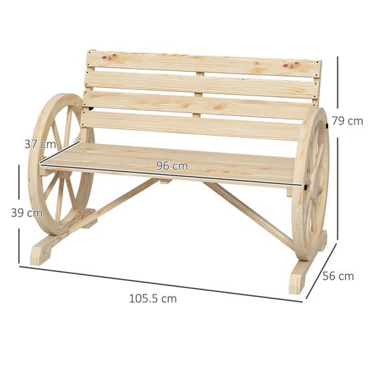Wagon Wheel Chair Bench Armrest Rustic Loveseat Wood Outdoor Garden, Natural
