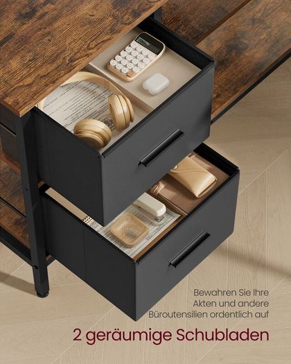 L-Shaped Corner Desk with Storage Drawers & Monitor Shelf  Vintage Brown