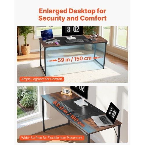 Computer Desk, 160 cm Office Gaming Desk for Home Office, Writing Study Work Modern Simple Table with Metal Frame for Large Legroom