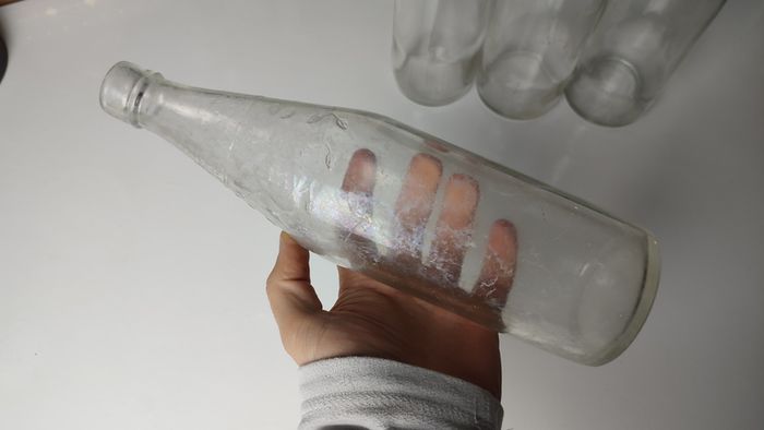 301 - Set of 4 Vintage Floral Decorative Collectible Clear Glass Tall Big Bottles