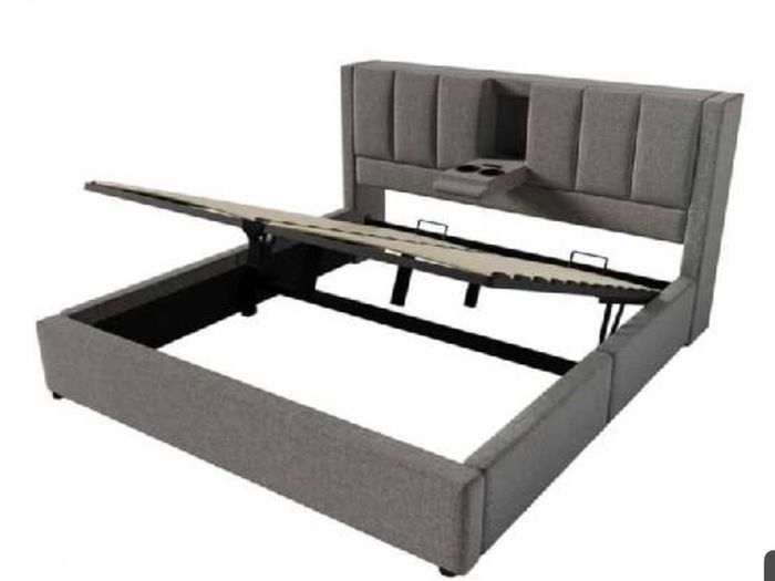 Grey Linen Super King Size Bed with storage,USB ports and cup holders