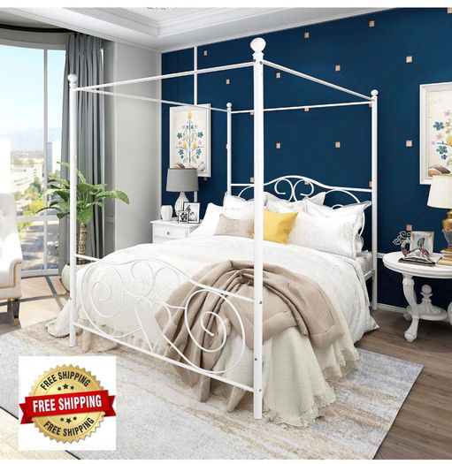Double Canopy Bed Frame with Vintage Headboard & Footboard, White 135x190cm Double Canopy Bed Frame, 4ft6 Heavy Duty Metal Bed, Heart Scroll Headboard & Footboard, Steel Slats for Bedrooms